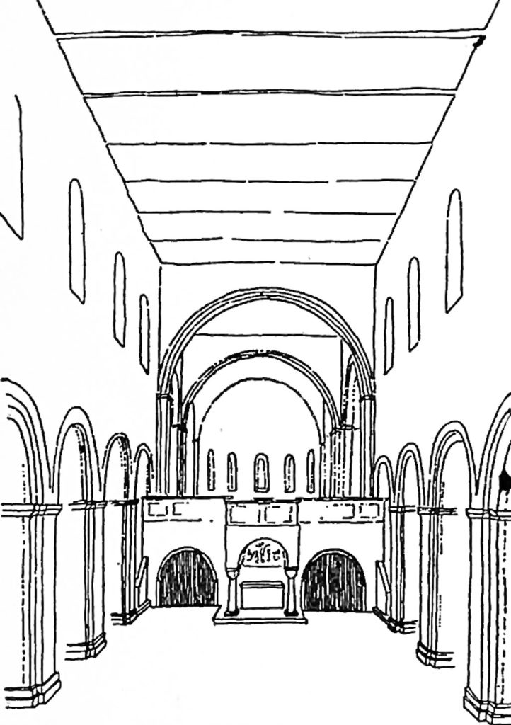 Dom St. Peter und Paul Brandenburg Rekonstruktionszeichnung des romanischen Innenraums. Aus der Festschrift zum 800 jährigen Bestehen des Doms.